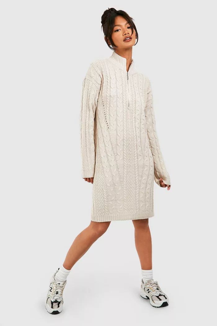 Half Zip Cable Knitted Mini Dress | boohoo (US & Canada)