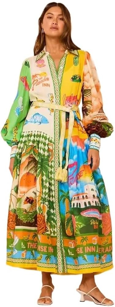 Single Breasted Long Lantern Sleeve Graffiti Print lace up Waist Cinching Dress, Retro Large Hem ... | Amazon (US)