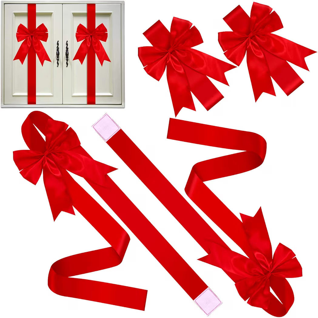 BBTO 6 Pcs Christmas Cabinet Door Red Festive Ribbons 8x40 Inches Large Bow Christmas Wreath Tree... | Amazon (US)