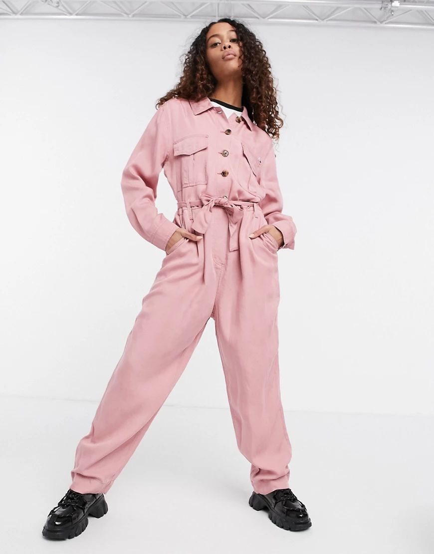 Tommy Jeans long sleeve utility coveralls in pink | ASOS (Global)