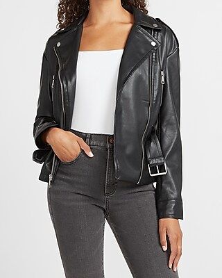 Faux Leather Belted Drop Shoulder Jacket Black Women's L | Express