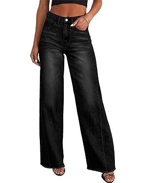 Sidefeel Women's Wide Leg Jeans High Waisted Strechy Raw Hem Zimbaplatinum Denim Pants | Amazon (US)