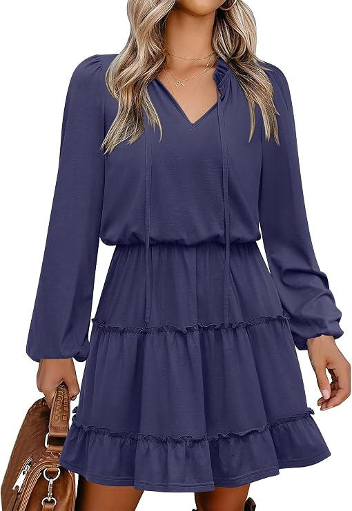 Caracilia Long Sleeve Dress for Women Fall 2026 Casual V Neck High Waist Tiered Ruffle Aline Swin... | Amazon (US)