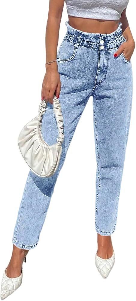 Women's High Waisted Paperbag Jeans Elastic Waist Acid Wash Mom Jeans Relaxed Fit Tapered Denim P... | Amazon (US)