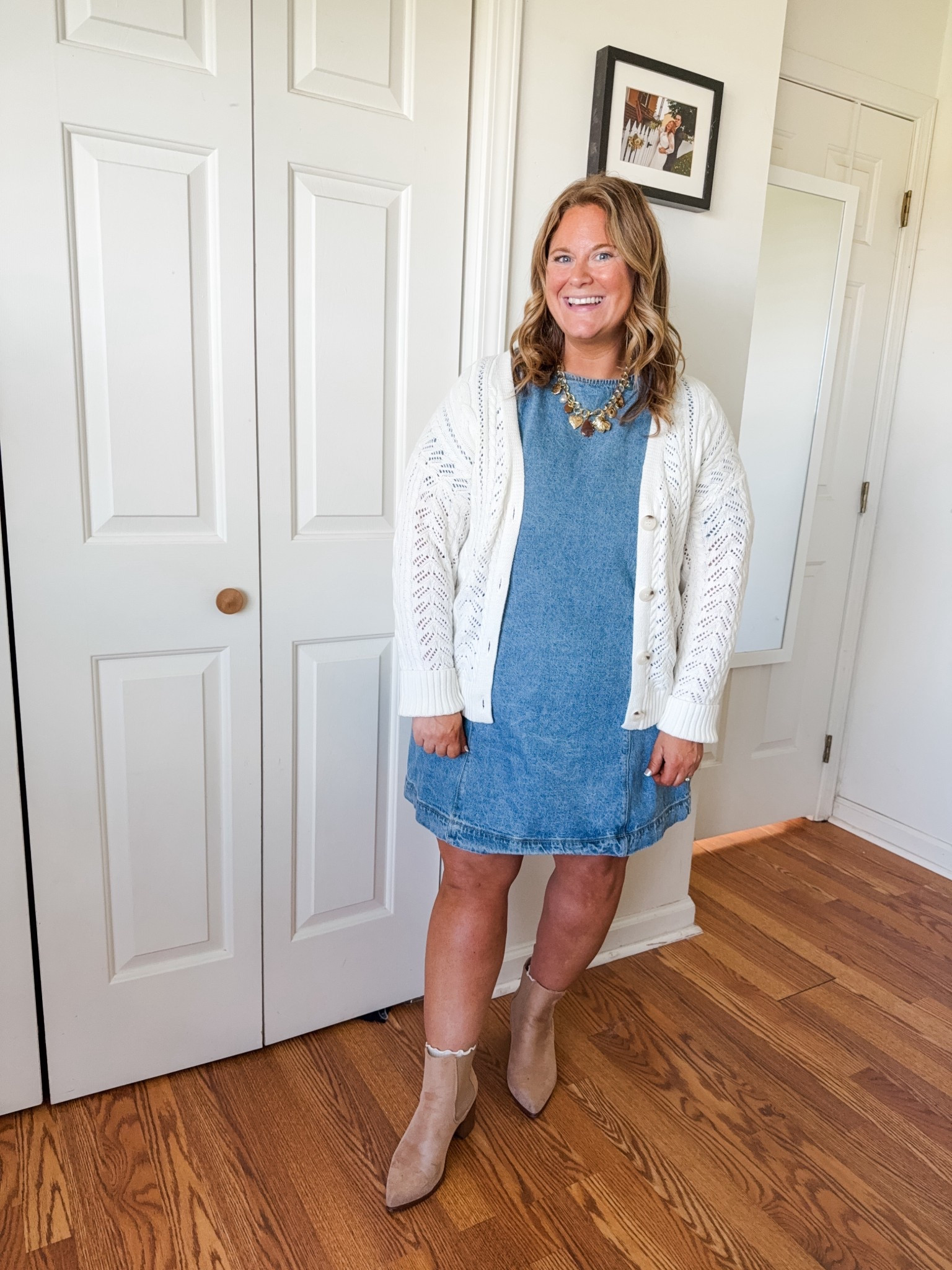 My denim dress is mostly sold out but linking similar.  My cardigan is an XL  

#LTKSeasonal #LTKMidsize #LTKPetite