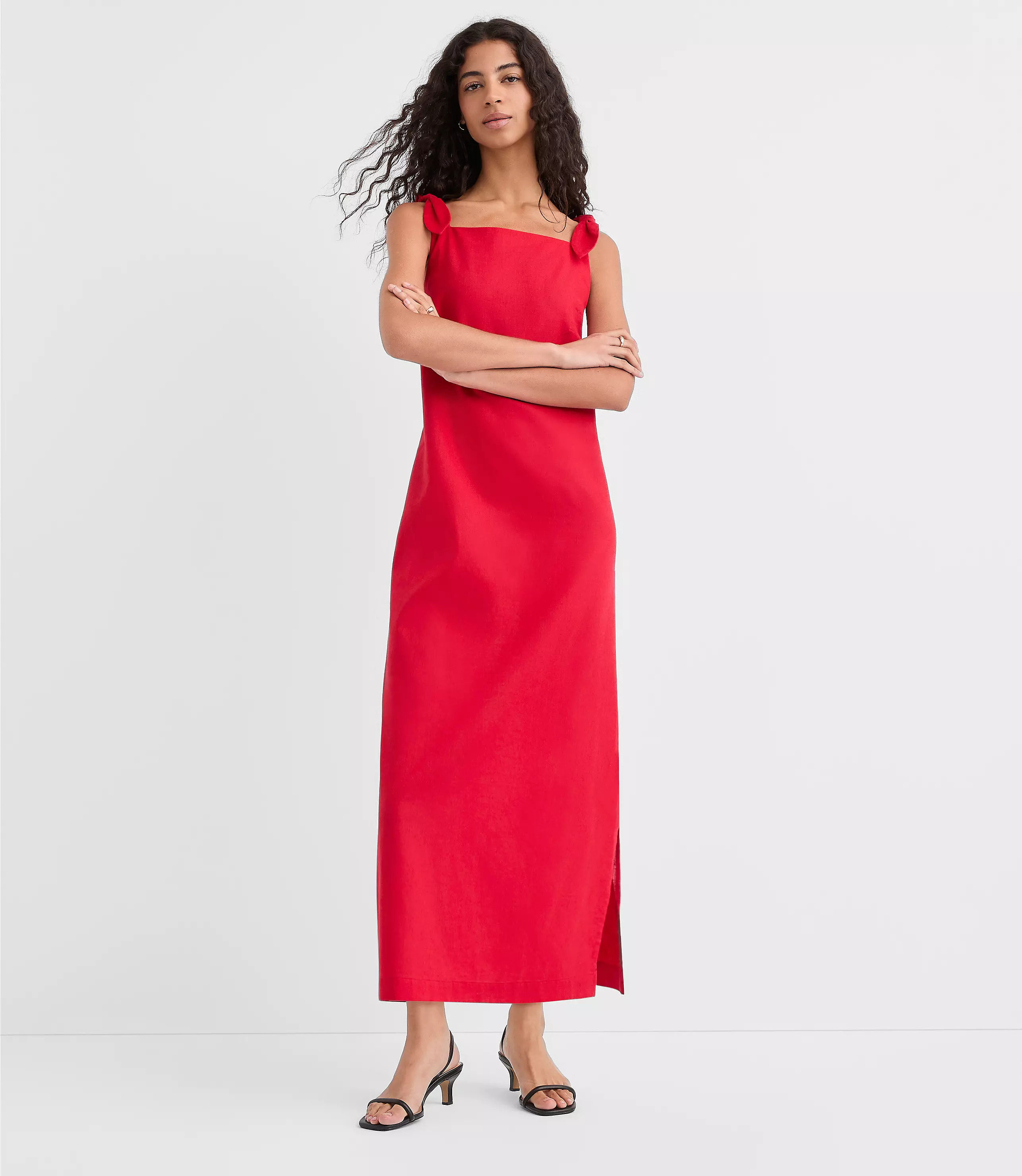 Linen Cotton Tie Boatneck Midi Dress | LOFT
