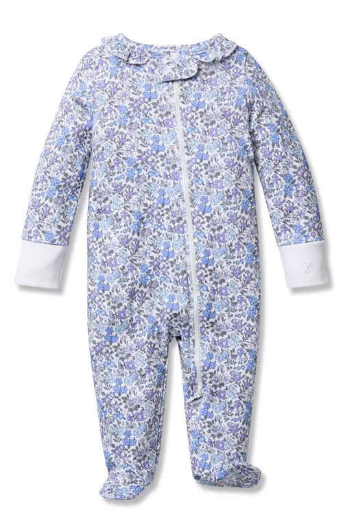 Petite Plume Floral Pima Cotton Zip Footie in Blue at Nordstrom, Size 6-9M | Nordstrom