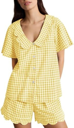 Kissonic Womens Gingham Pajama Set 2 Piece Scalloped Edge Plaid Babydoll Pjs Short Sleeve Cotton ... | Amazon (US)