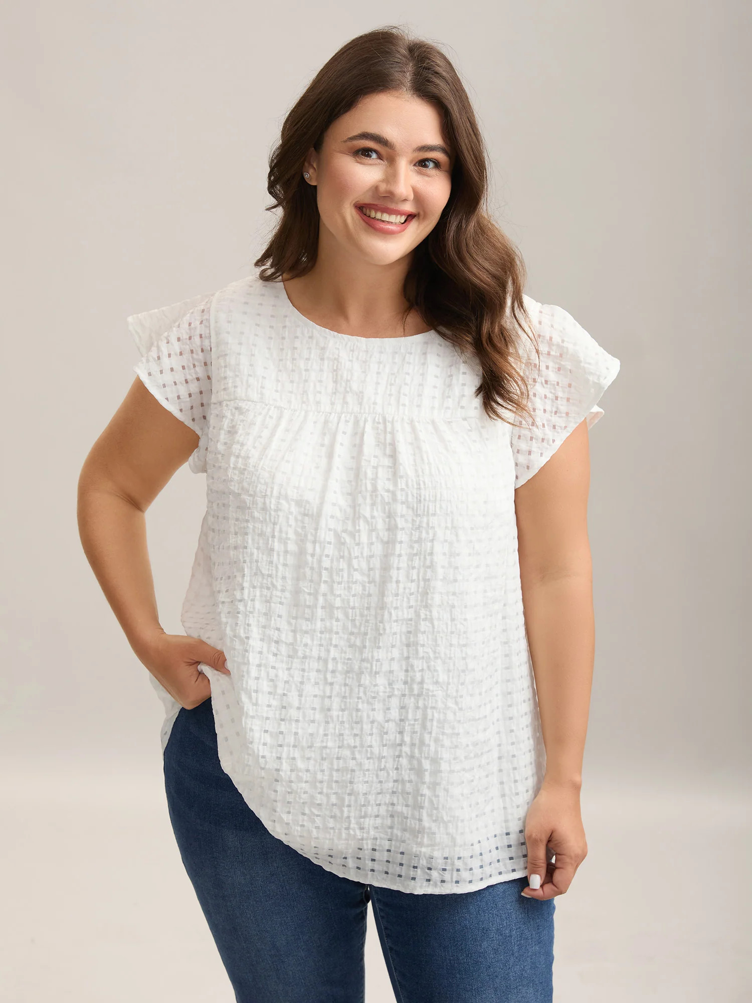 Textured Sheer Lined Flutter Sleeve Blouse | Bloomchic