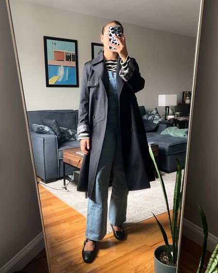 Mary jane flats, ballet flats, breton stripes, striped t-shirt, overalls, trench coat, oversized trench coat, fall ootd, fall outfit ideas, what i wore today, realistic fall outfits

#LTKstyletip #LTKshoecrush #LTKSeasonal