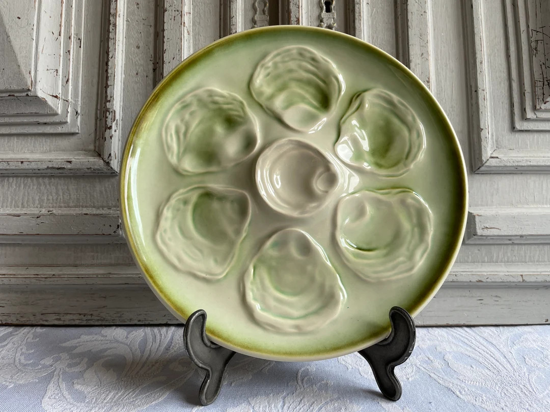 French vintage Oyster plate, SINGLE ceramic shellfish seafood plate, green retro serving plate, 1... | Etsy (US)