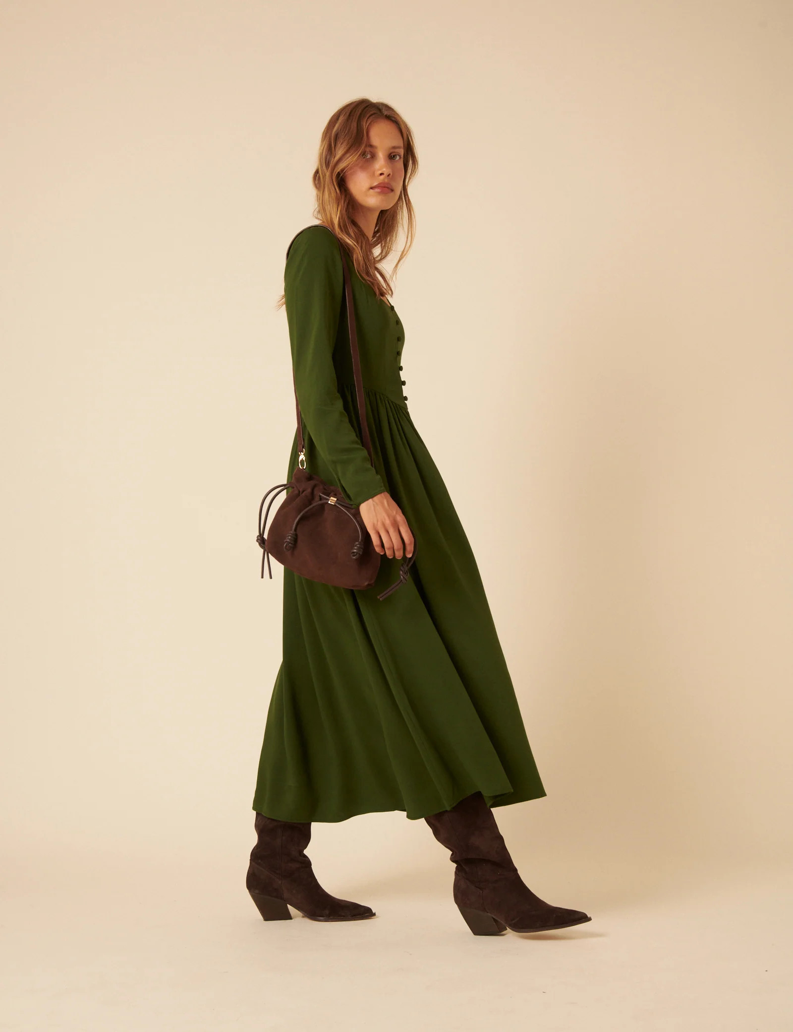 Green Long Sleeve Cora Midi Dress | Nobody's Child
