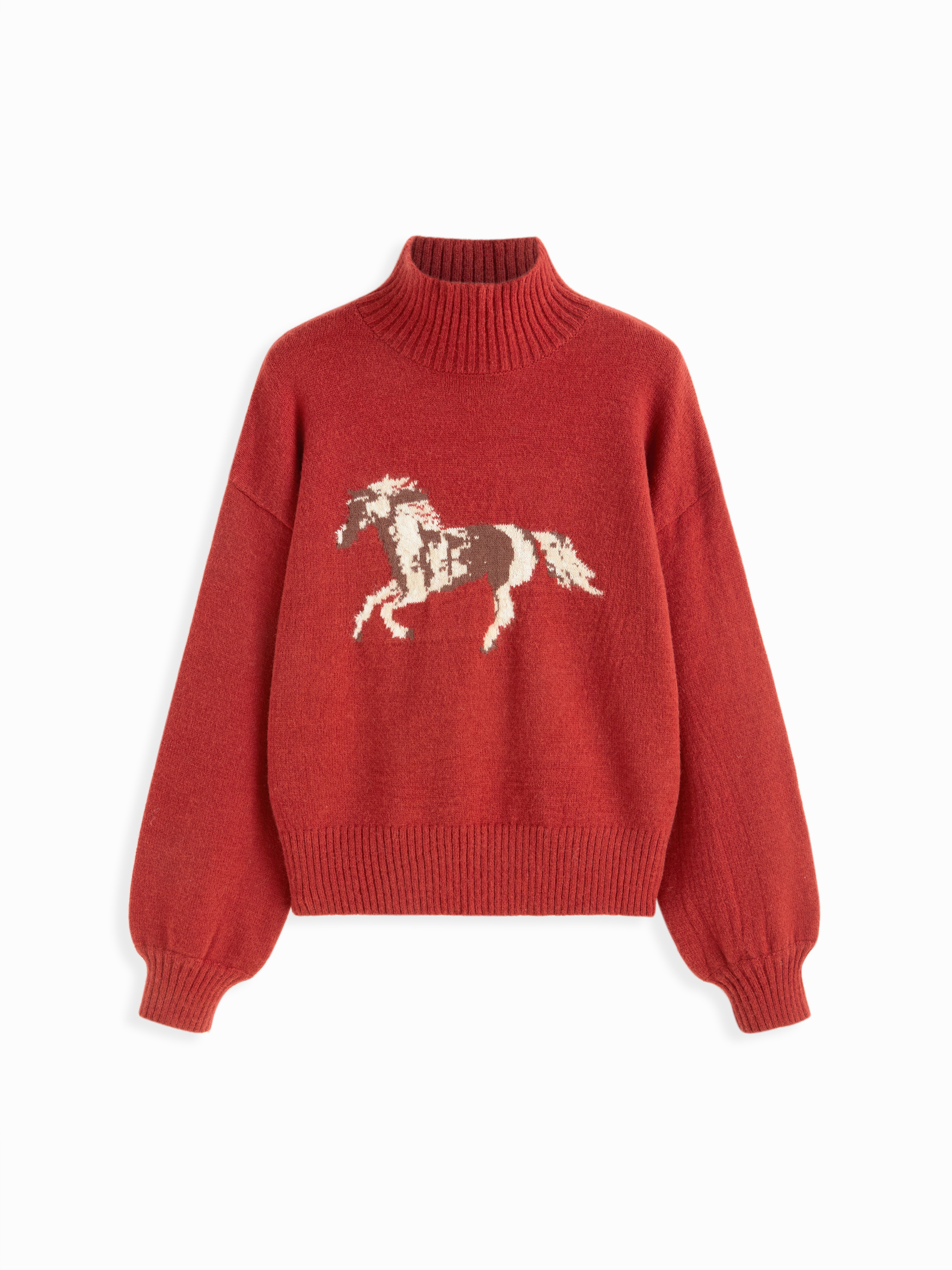 Knit Fabric Knit Horse Pattern High Neck Oversized Top For Daily Casual Holiday | Cider