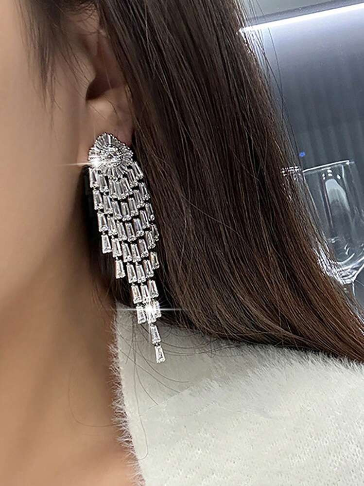 1 Pair Luxury Shining Big Tassel CZ Women Long Dangle Earrings For Valentine's Day Gift With Blin... | SHEIN