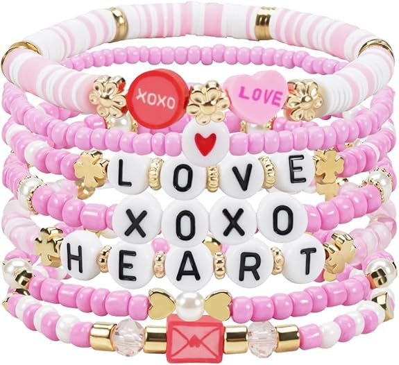 Beaded Bracelet for Women Pink Love Heart Stretch Bracelets Accessories | Amazon (US)