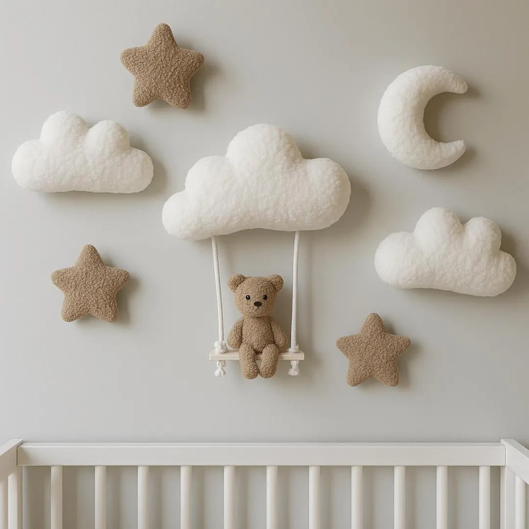 Nursery Wall Decor – Teddy Bear on Swing With Clouds, Stars & Moon | Neutral Baby Room Decorati... | Etsy (US)