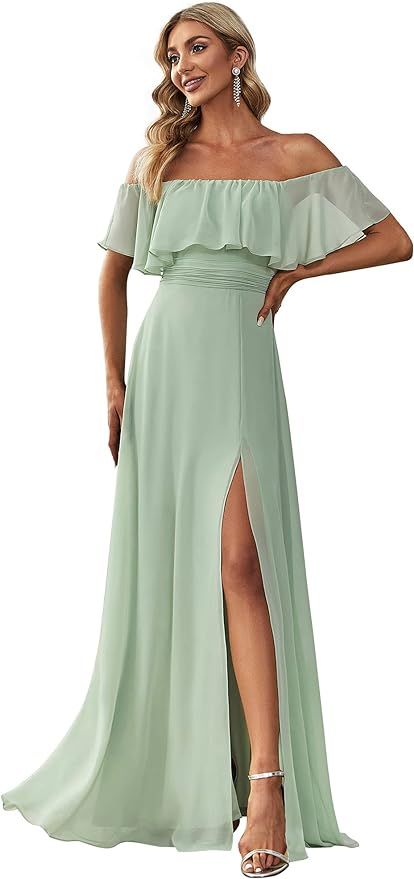 Ever-Pretty Women's Off The Shoulder Bridesmaid Dresses Side Split Beach Maxi Formal Dress White ... | Amazon (US)