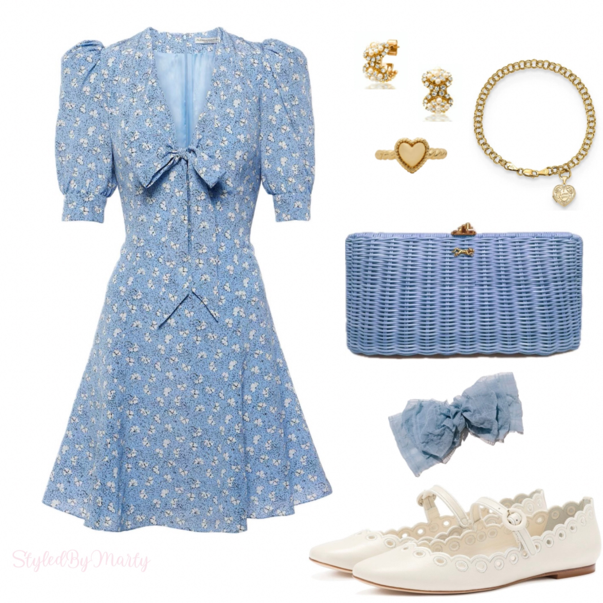 Blue mini dress, printed bow mini dress, cream ballerina flat, blue wicker clutch bag, gold heart bracelet, gold heat ring, blue bow hair clip, picnic dress, picnic party, romantic style, romantic dress, feminine style 

#LTKShoeCrush #LTKStyleTip #LTKItBag