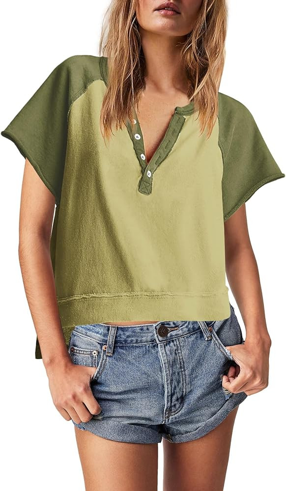 Panadila Womens Color Block Short Sleeve Tops Oversized Tshirts Summer Raglan Shirt Casual Crop C... | Amazon (US)