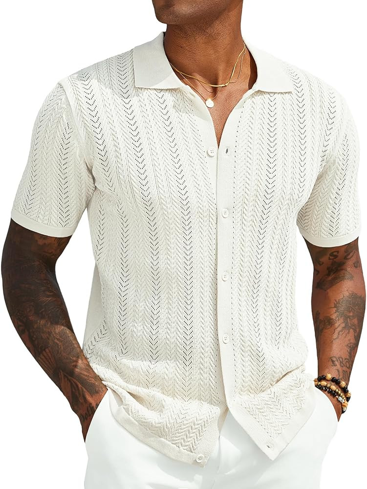 COOFANDY Mens Knit Shirt 2025 Short Sleeve Casual Button Down Shirt Summer Beach Vacation Shirts | Amazon (US)
