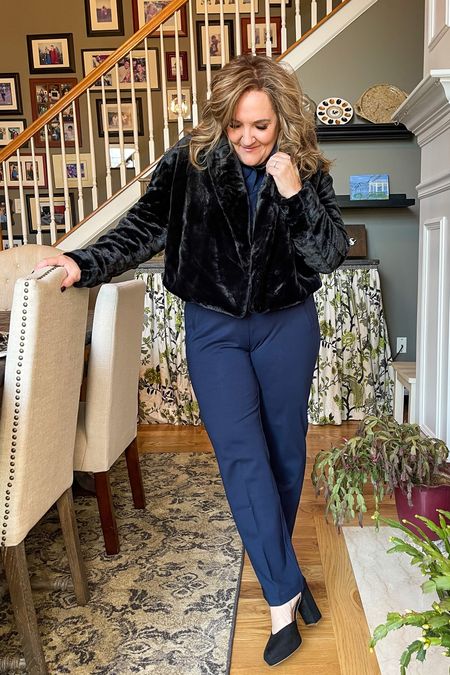 Navy and black? I think it is so elegant. 

My magic pants in navy. Wearing a 2.5 petite. 

Perfect no iron shirt underneath. Size 2.0. 

And the most fabulous faux fur jacket. Size L. Also comes in a wine and rust color. 

Linking similar shoes  

#LTKworkwear #LTKunder100 #LTKHoliday