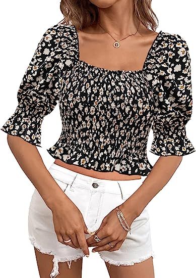 KOJOOIN Womens Floral Crop Tops Squre Neck Puff Sleeve Casual Boho Blouses | Amazon (US)