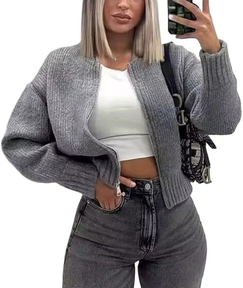 Women's Zip Up Cardigan Sweaters Crew Neck Long Sleeve Crochet Sweaters Winter Trendy Zipper Card... | Amazon (US)