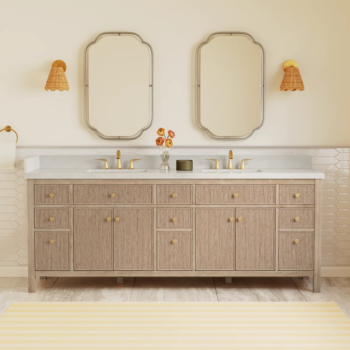Lala 84" Double Bathroom Vanity with Grain White Engineered Stone Countertop without Mirror | Wayfair North America