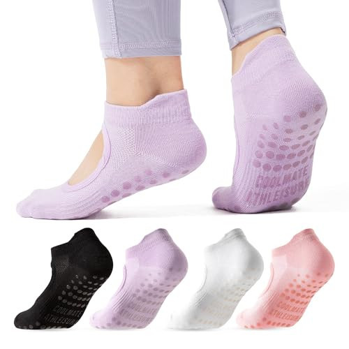 CoolMate Pilates Socks with Grips for Women, Yoga Socks, Crew Non Slip Women for Barre, Pilates Gifts (US, Numeric, 6, 10, Regular, Regular, A-01. 4 Pairs Open Top Pink/White/Light Purple/Black) | Amazon (US)