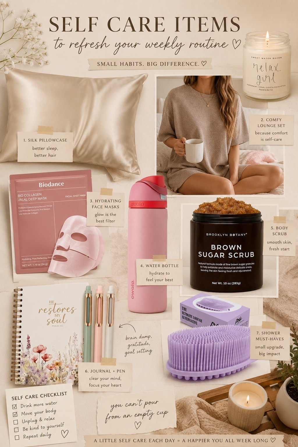 Self-care essentials that instantly refresh your weekly routine ✨🛁

• Silk pillowcase for better sleep & hair days
• Buttery soft lounge set
• Hydrating face masks
• Oversized water bottle
• Scented candle for cozy nights
• Journaling notebook + pens
• Everything shower must-haves 🫧

Tiny upgrades = a softer, calmer week ahead 🤍 Which self-care item can’t you live without? 👀

#LTKBeauty #LTKselfcare #LTKmorningroutine
