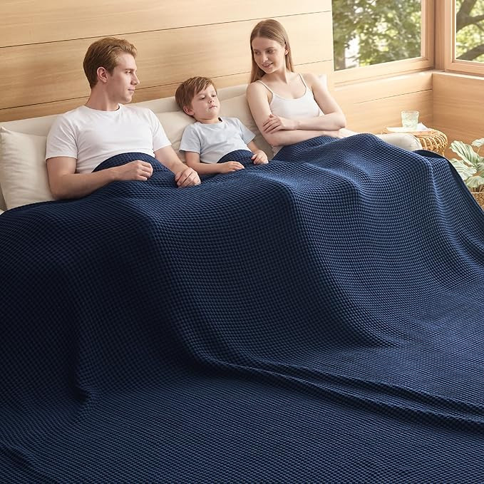 Bedsure Lightweight 100% Cotton Waffle Blanket, Oversized King, Navy Blue | Amazon (US)