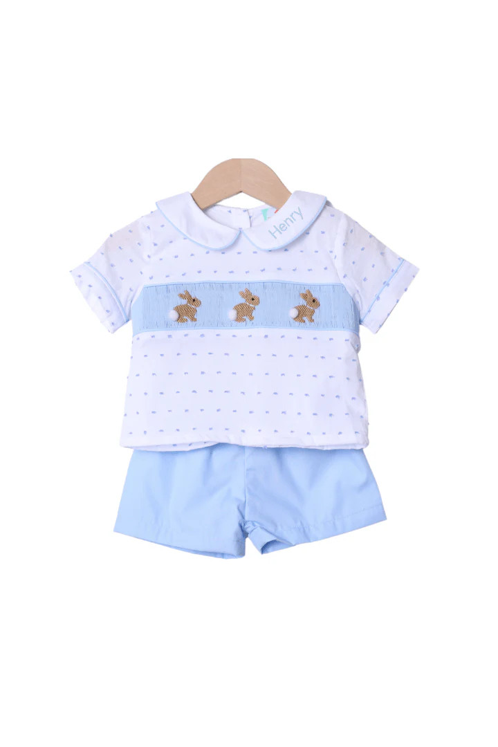 Smocked Bunny White and Blue Swiss Dot Short Set | The Smocked Flamingo