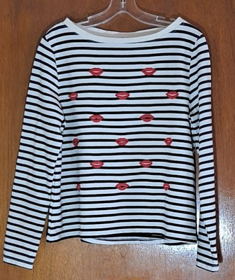 Betsey Johnson Performance Nautical Stripe Sweatshirt Red Lips Cotton Blend M | eBay US