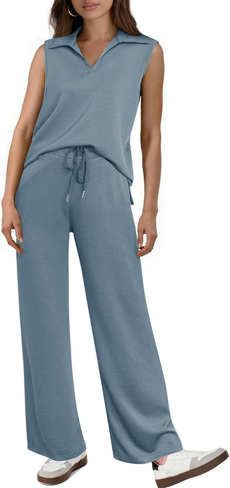 Glamaker Women's 2 Piece Outfits Summer Sleeveless Tops Wide Leg Pants Lounge Set Sweatsuits Trac... | Amazon (US)