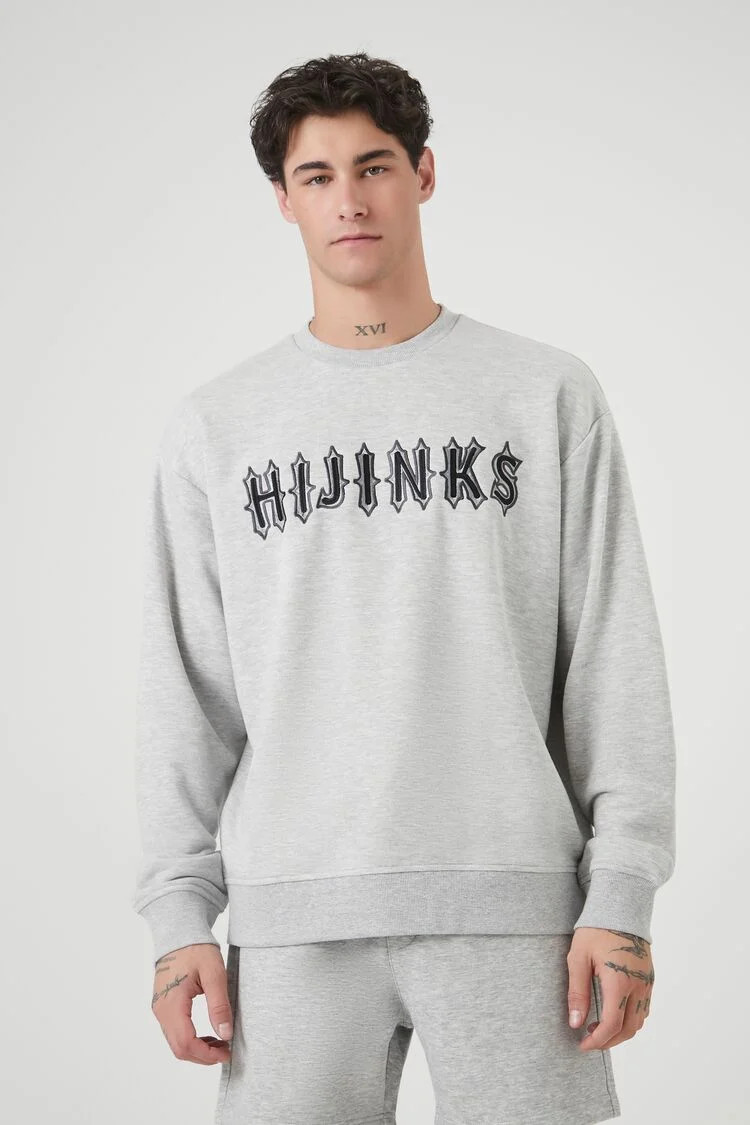 Men Embroidered Hijinks Pullover in Heather Grey Small | Forever 21