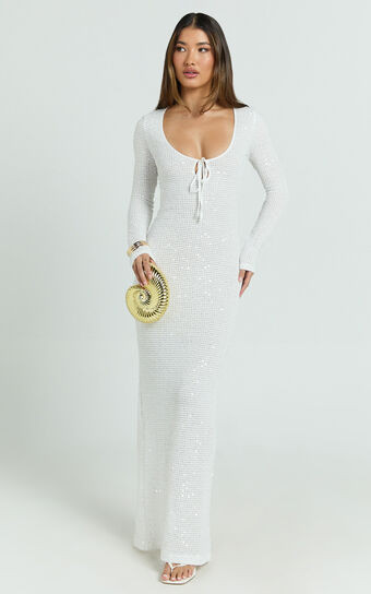 Laine Maxi Dress - Sequin Lace Wide Scoop Neck Long Sleeve Column Dress in White | Showpo (US, UK & Europe)