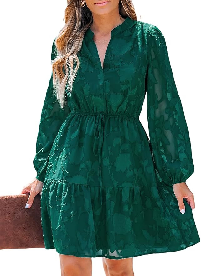 CUPSHE Women Ruffle Lace Mini Fall Dresses Semi Formal Wedding Guest Dress V Neck Long Peasant Sl... | Amazon (US)