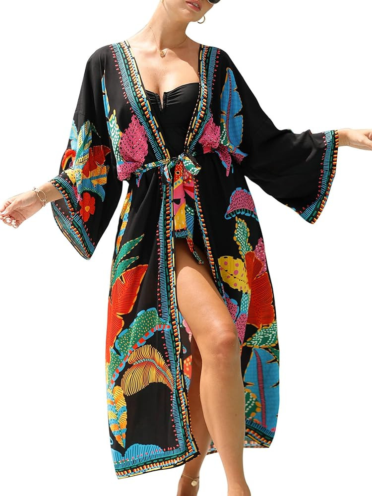 Women's Beach Coverups Long Kimono Robe Open Front Swimsuit Cover up | Amazon (US)
