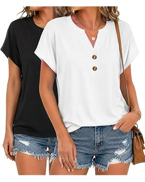 2 Pack Womens T Shirts V Neck Short Sleeve Henley Tops Work Business Casual Blouses Summer Dressy... | Amazon (US)