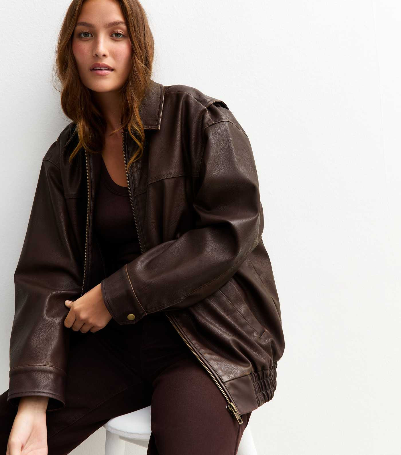 Dark Brown Oversized Washed Faux Leather Jacket | New Look | New Look (UK)