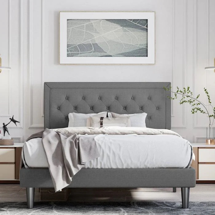 King Size Dark Grey Linen Upholstered Platform Bed with Button-Tufted Headboard | Shop Simon