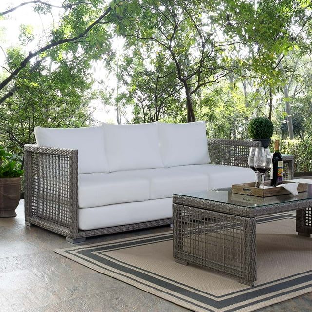 Modway Aura Modern Rattan & Fabric Outdoor Patio Sofa in Gray and White | Walmart (US)