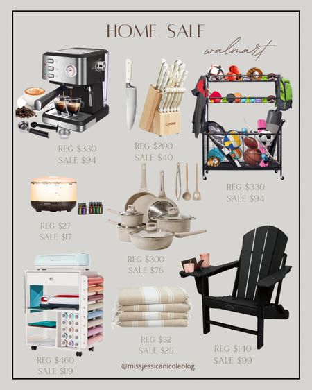 Home finds on sale, Walmart home finds, espresso machine, kitchen knives, outdoor toy storage, pool storage, diffuser, pots and pans, folding Adirondack chairs, beach towels, Cricut storage cart 

#LTKSaleAlert #LTKHome