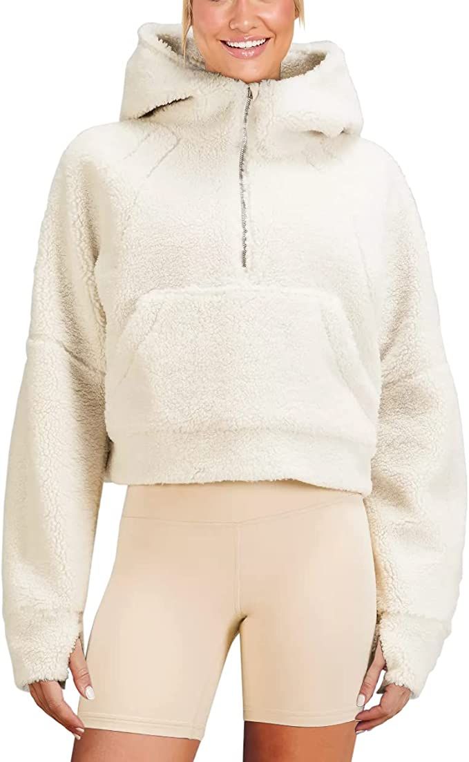 Womens Fleece Hoodies Half Zipper Sherpa Hooded Pullover Crop Long Sleeve Zip Up Jacket Coats | Amazon (US)