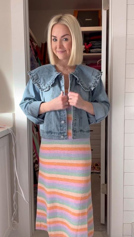 Pastel Rainbow stripe midi dress (size: XS reg) / Peter Pan ruffle collar denim jacket (size: XS petite) / velcro sneakers (size: 38, size up one) / floral pajamas (size: XS, could have gotten small) / lipgloss is shade cherry blossom 

#LTKVideo #LTKfamily