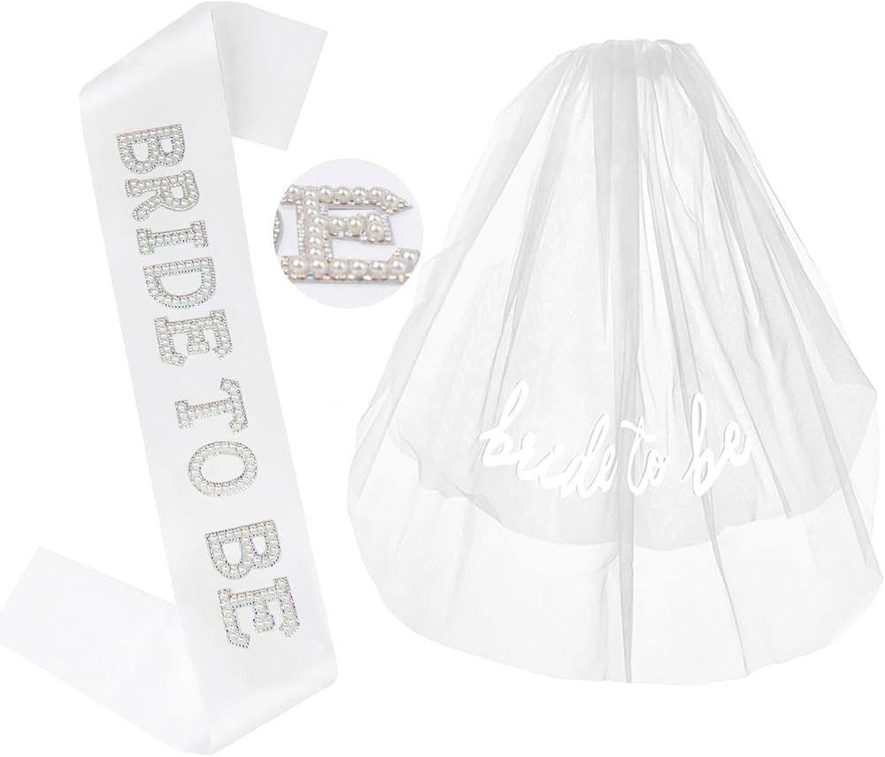 Bride To Be Sash Bridal Veil White for Bachelorette Party Decorations, Short Veil with Comb Pearl... | Amazon (US)