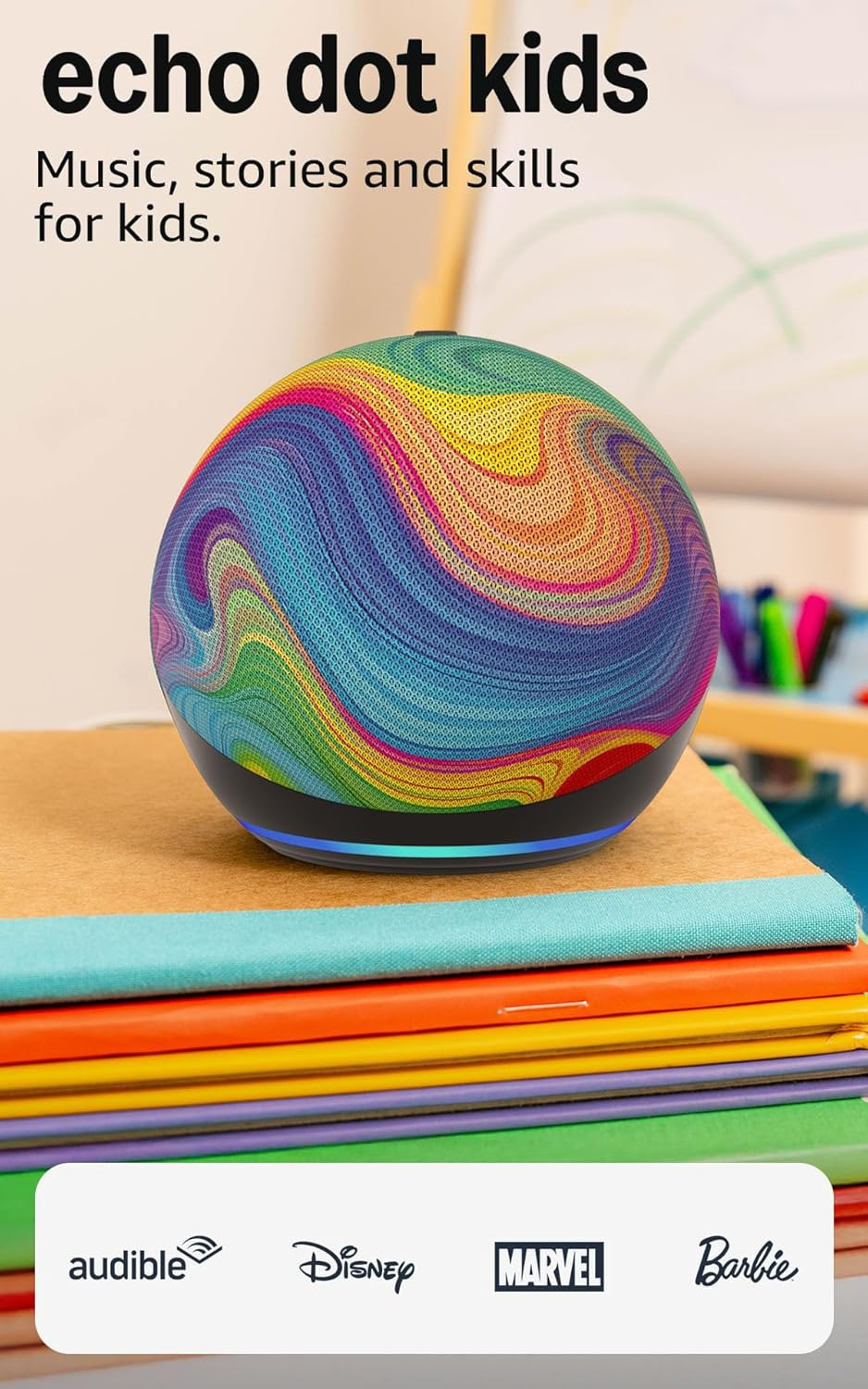 Amazon Echo Dot Kids (newest model), Smart speaker to enjoy age-appropriate audiobooks, sleep routines and Alexa+ experiences to create and learn, Rainbow Swirl design | Amazon (US)