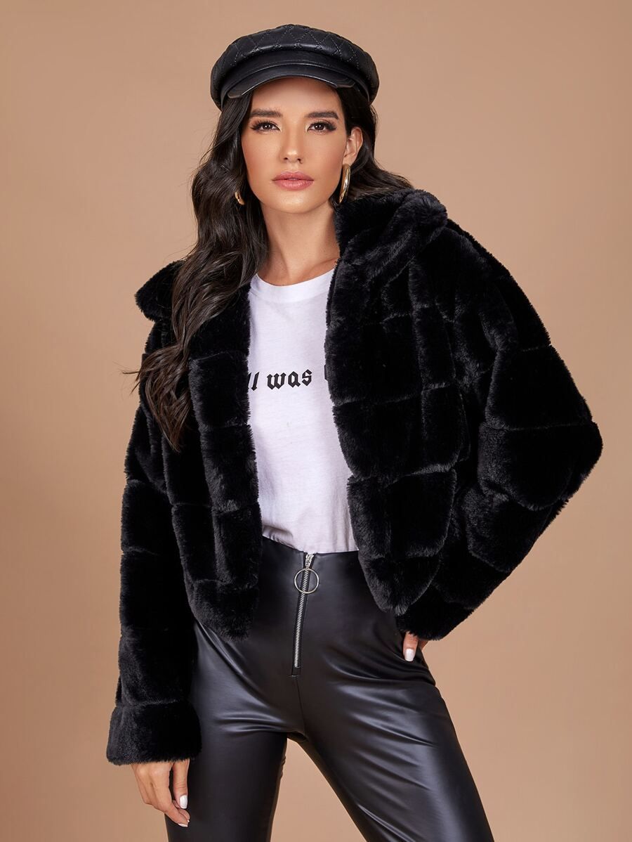 SHEIN Open Front Faux Fur Paneled Coat | SHEIN