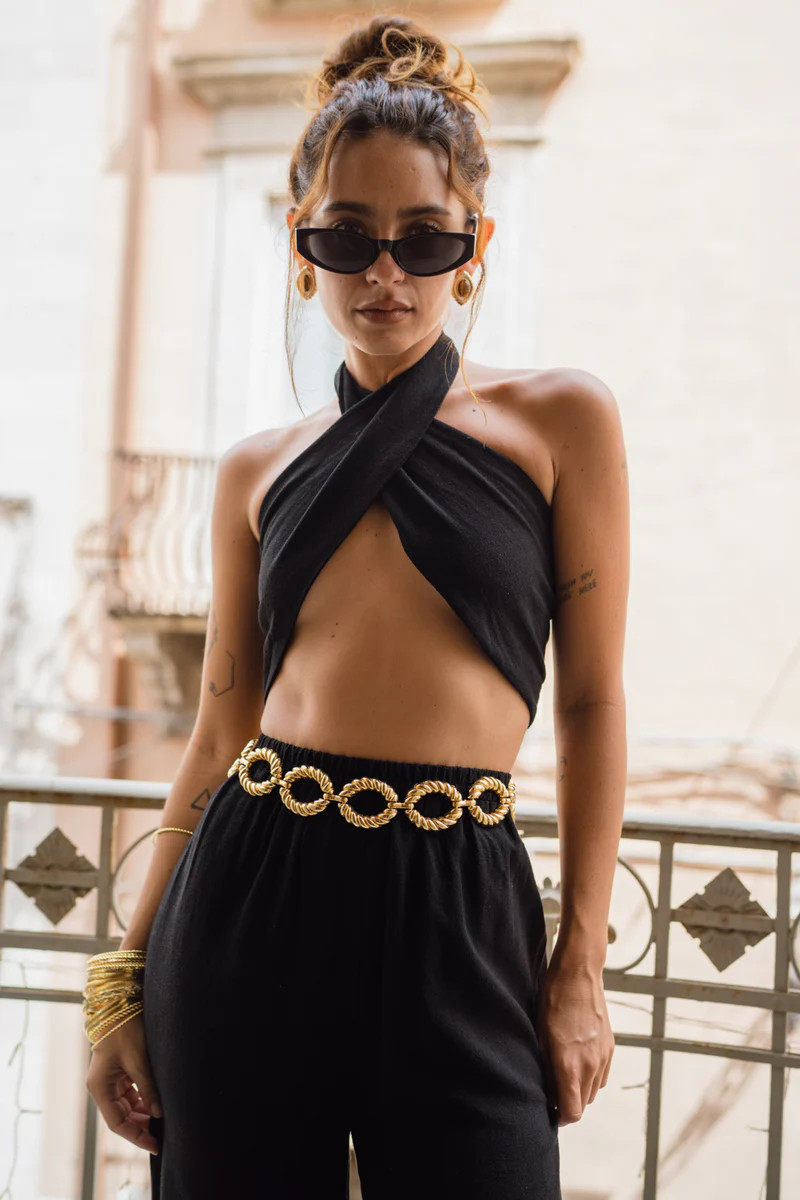 Amalfi Black Linen Halter Top | 12th Tribe