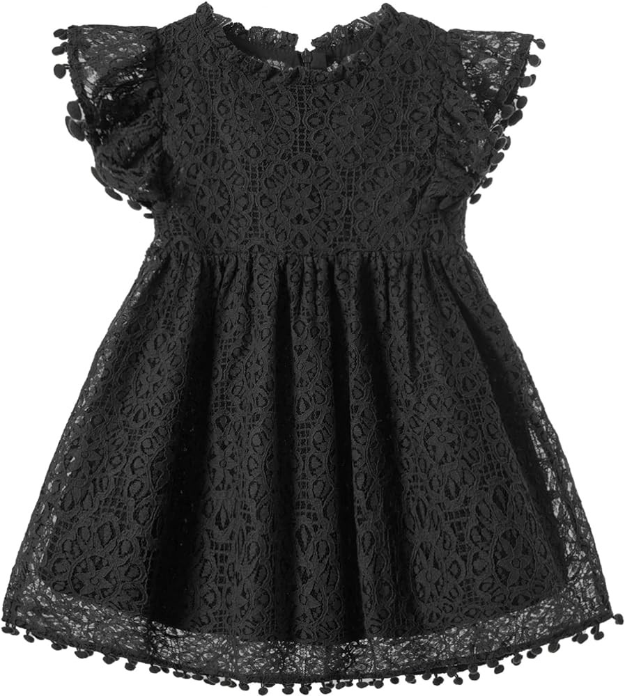 Niyage Toddler Girls Elegant Lace Pom Pom Flutter Sleeve Party Princess Dress | Amazon (US)